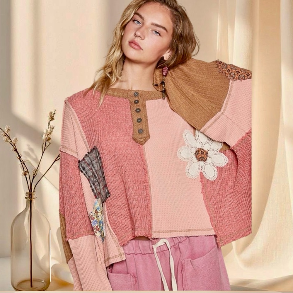 POL Patchwork Knit Henley Pullover Oversized Boho Slouch Sweater Apricot Multi